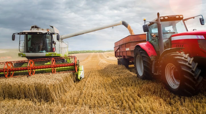 Combine harvester in action and transferring the seeds in the trailer of a tractor