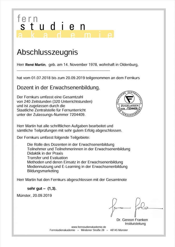 Abschlusszeugnis von Rene Martin als Dozent in der Erwachsenenbildung – pädagogische Grundlage für Digitales Gesundheitsmanagement bei Derevita X