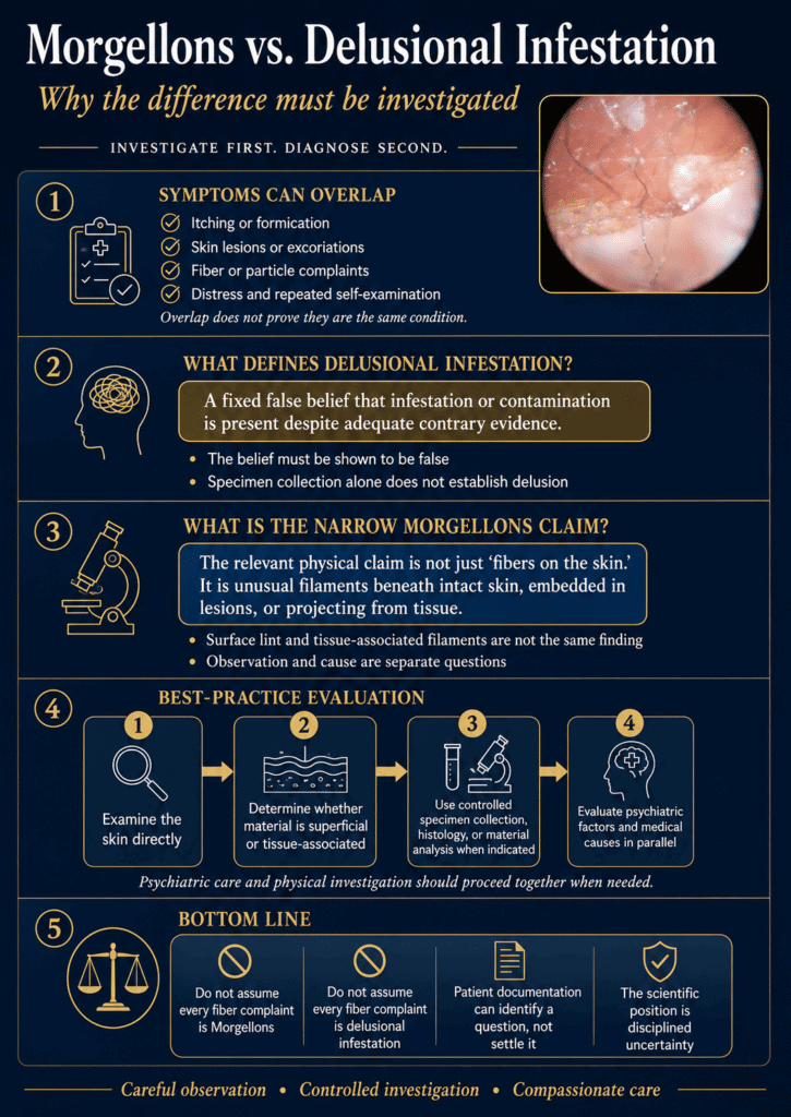 Infographic comparing Morgellons and delusional infestation, including overlapping symptoms, diagnostic definitions, and a tiered clinical evaluation process.