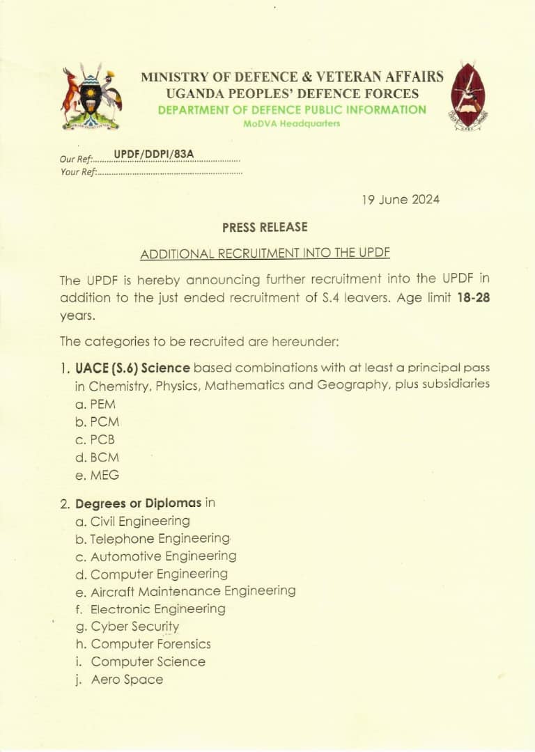 UPDF Issues Guidelines For Additional Recruitment Of Ugandans Who Want To Join The Army updf 2