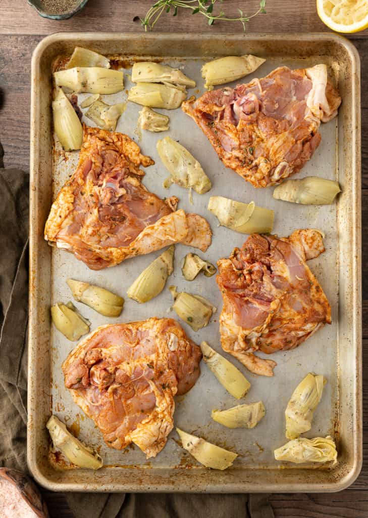 sheet pan chicken thighs with artichokes