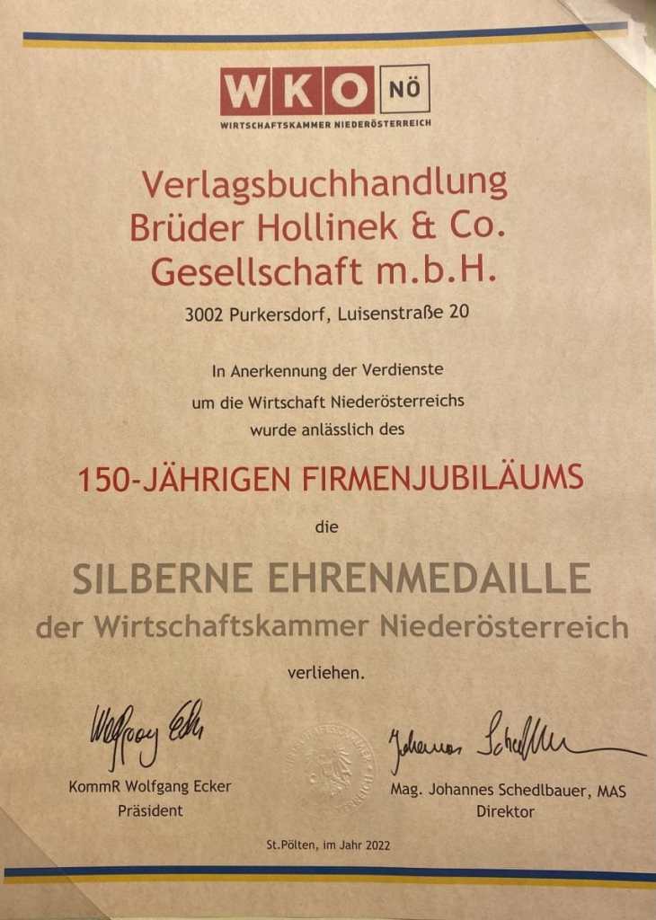 WKO Urkunde 150 Jahre Verlag Hollinek