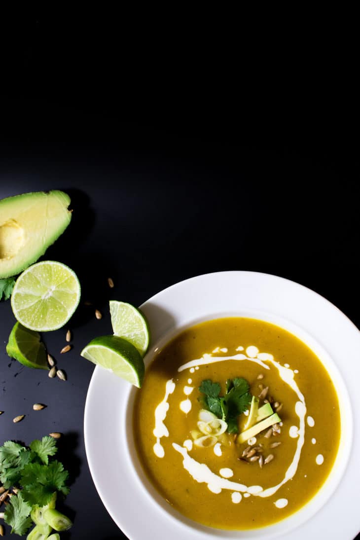 Kobucha Squash Soup with Lime Crema and Cilantro