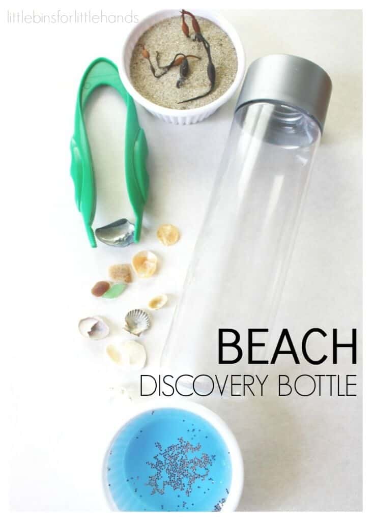 beach in a bottle craft with shells and blue water