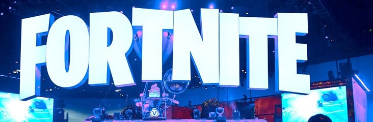 Fortnite logo displayed at E3 gaming expo in Los Angeles.