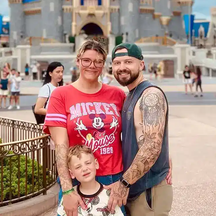 Family enjoying a Disney park vacation with iconic castle in the background.