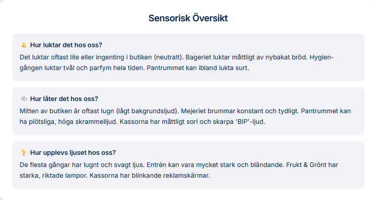 n textbaserad beskrivning av butikens ljud- och ljusmiljö som komplement till kartorna i TryggtBesöks guider.