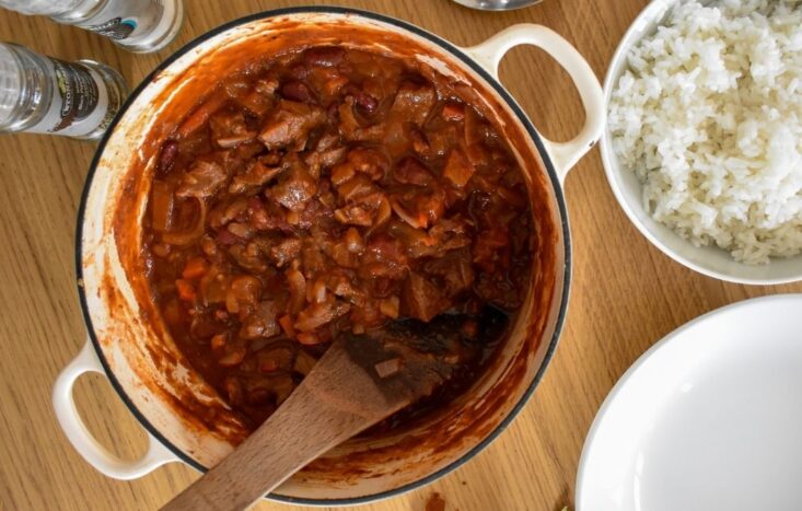 leftover beef chilli in cast iron dish.