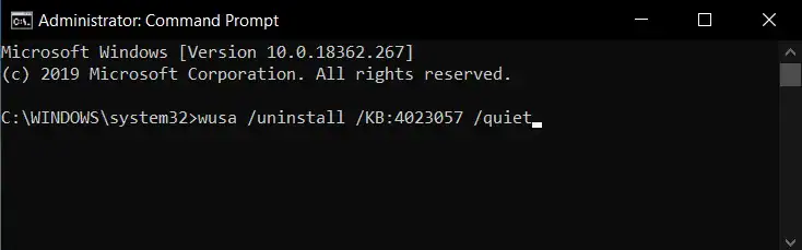uninstall windows update via command prompt
