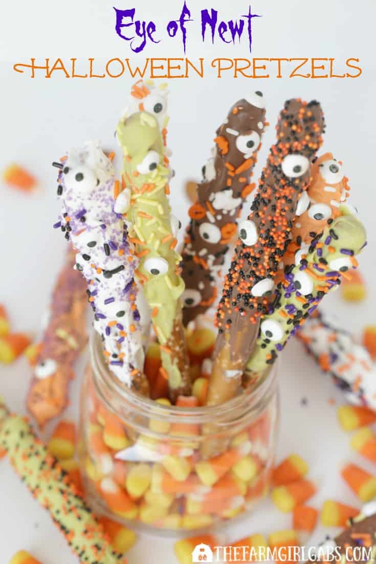 Scare up some delicious fun at Halloween with these Eye Of Newt Halloween Pretzels. This is a fun recipe the kids can help make too!