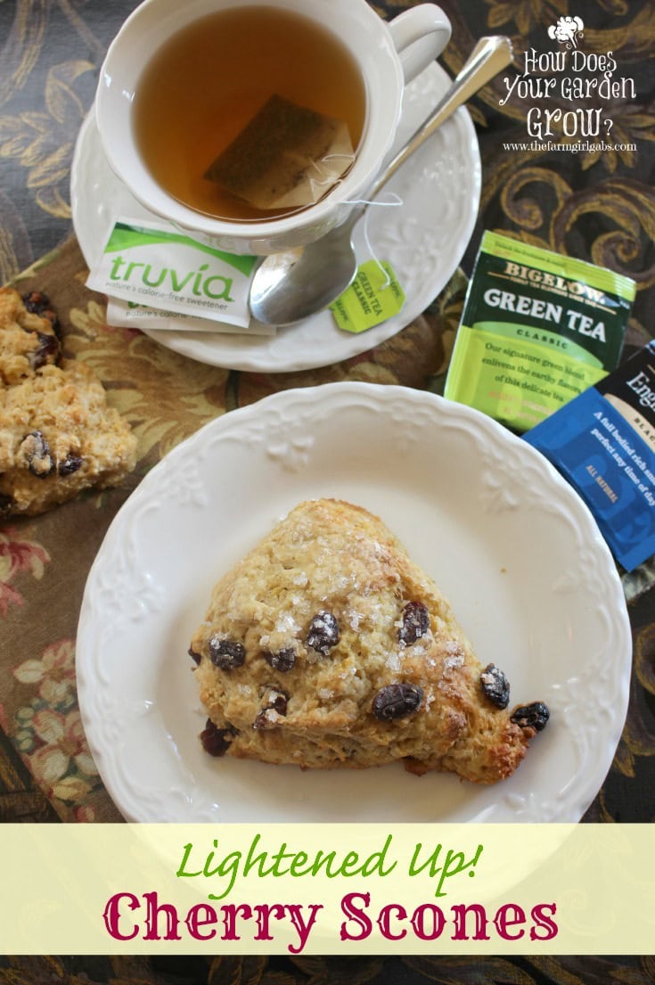 These Lightened Up! Cherry Scones are a low fat version of a traditional scone recipe. They are made with Truvia Baking Blend. These scones are perfect with a cup of Bigelow Tea. #Ad #sweetwarmup