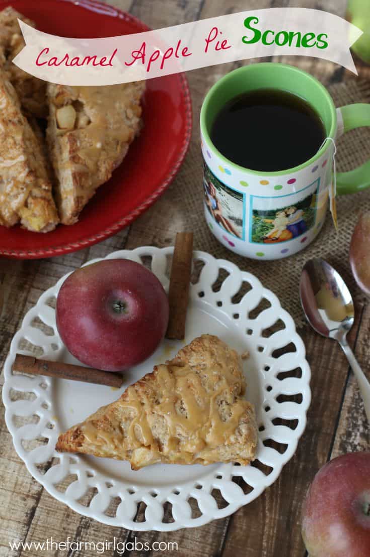 Caramel Apple Pie Scones are the perfect fall breakfast recipe to enjoy with a cup of hot tea or coffee. They are made with fresh apples and topped with sweet caramel glaze. | www.thefarmgirlgabs.com