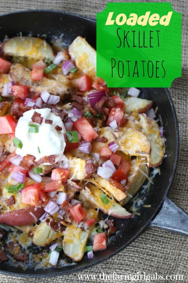 Loaded Skillet Potatoes make the perfect appetizer or side dish. Topped with lots of cheese and bacon, this recipe is a real winner!