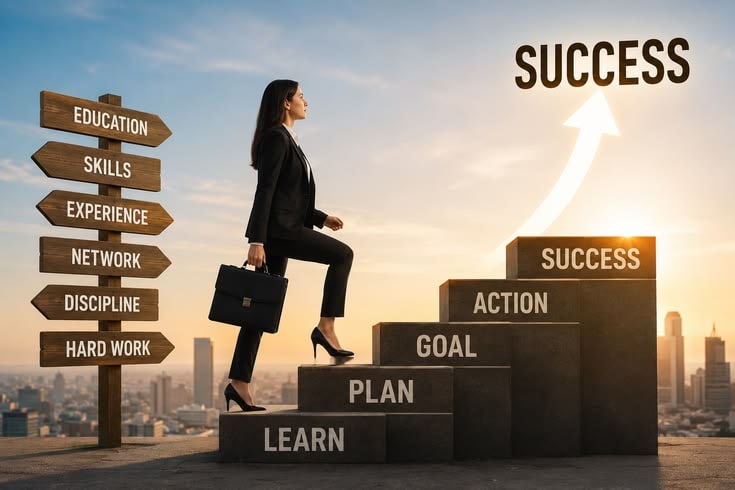 Business growth journey showing learning, planning, goal setting, action and success through skills, experience and hard work.