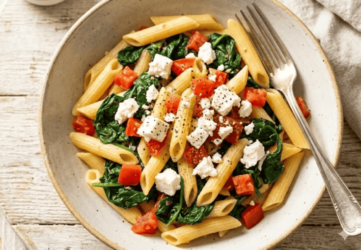 Bowl of Spinach Feta pasta with tomatoes, garlic and onions