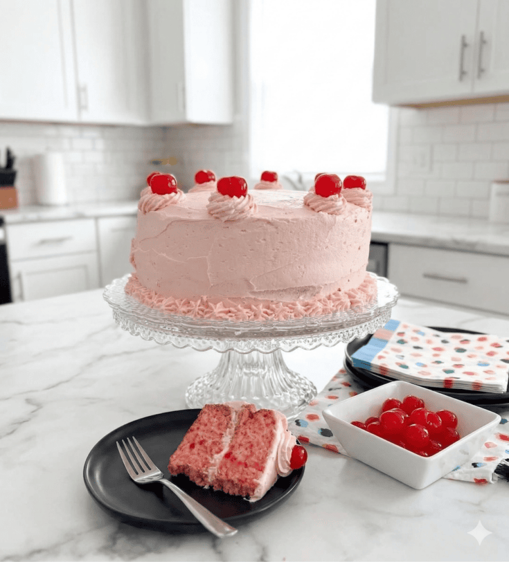 Vertical shot of a pink Cherry Chip Cake decorated with maraschino cherries on a marble kitchen island with a cake slice and polka-dot napkins.