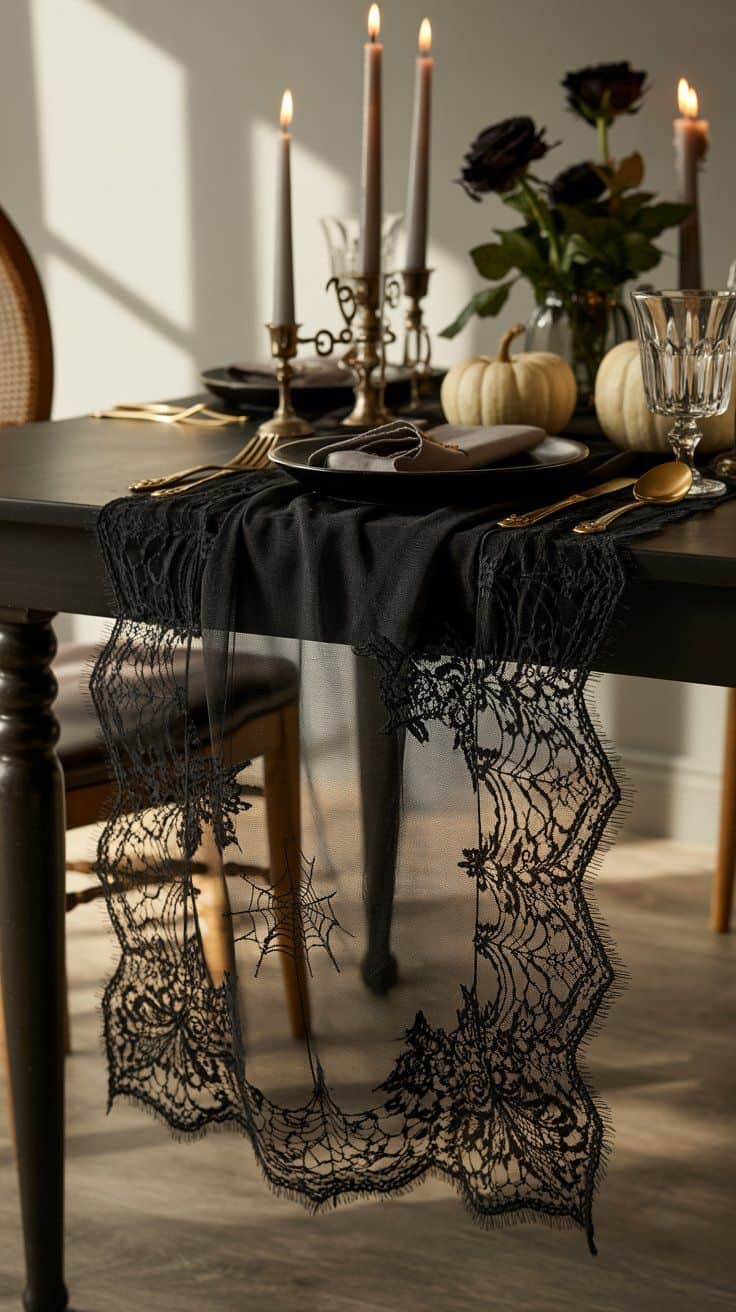 Elegant Halloween decor ideas to transform your space with black lace runners, gold-accented skulls, velvet pumpkins, antique candelabras, and more.