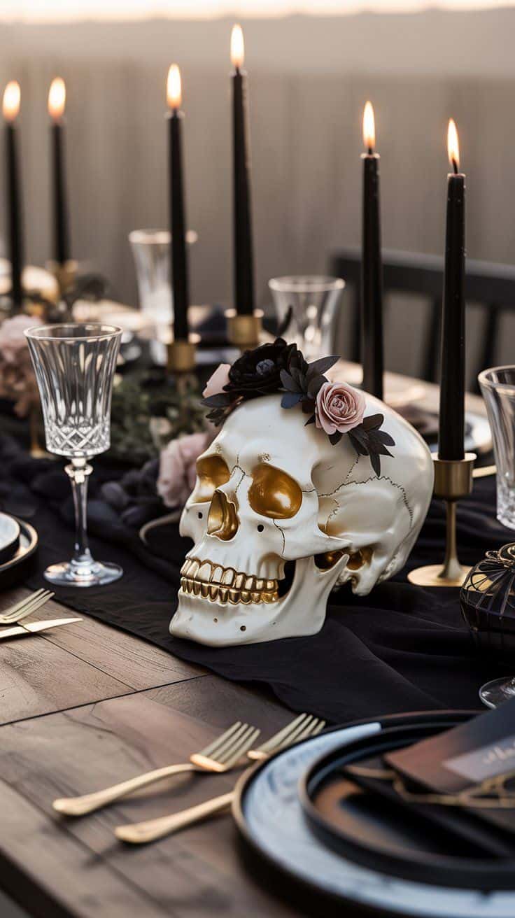 Elegant Halloween decor ideas to transform your space with black lace runners, gold-accented skulls, velvet pumpkins, antique candelabras, and more.