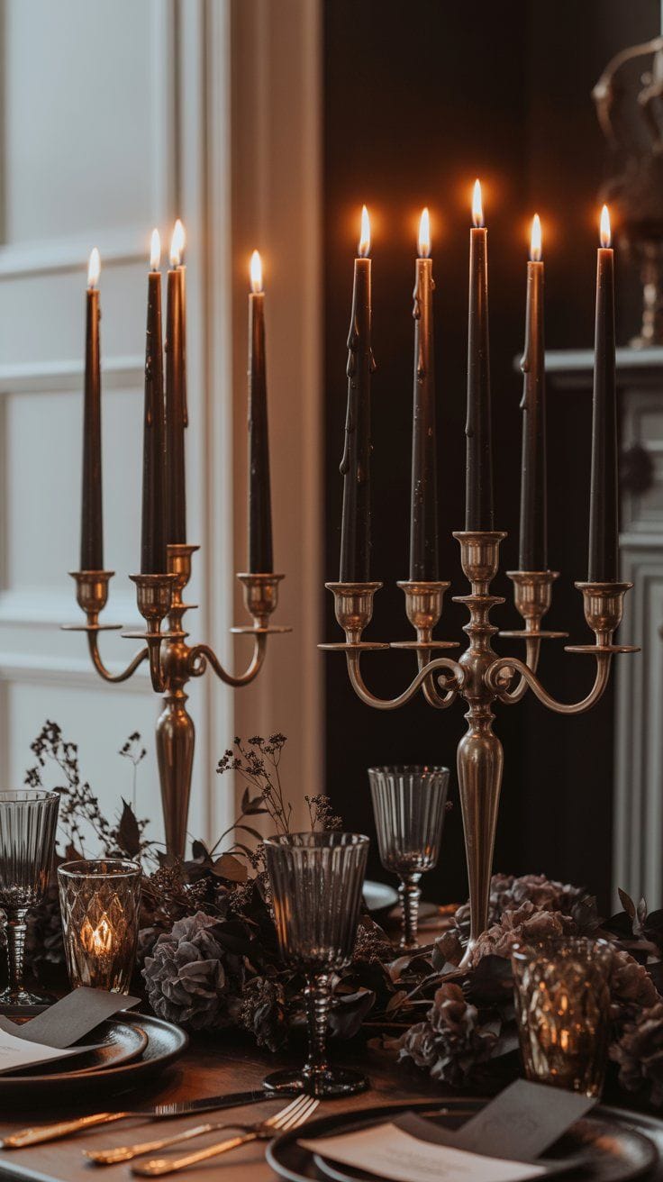 Elegant Halloween decor ideas to transform your space with black lace runners, gold-accented skulls, velvet pumpkins, antique candelabras, and more.