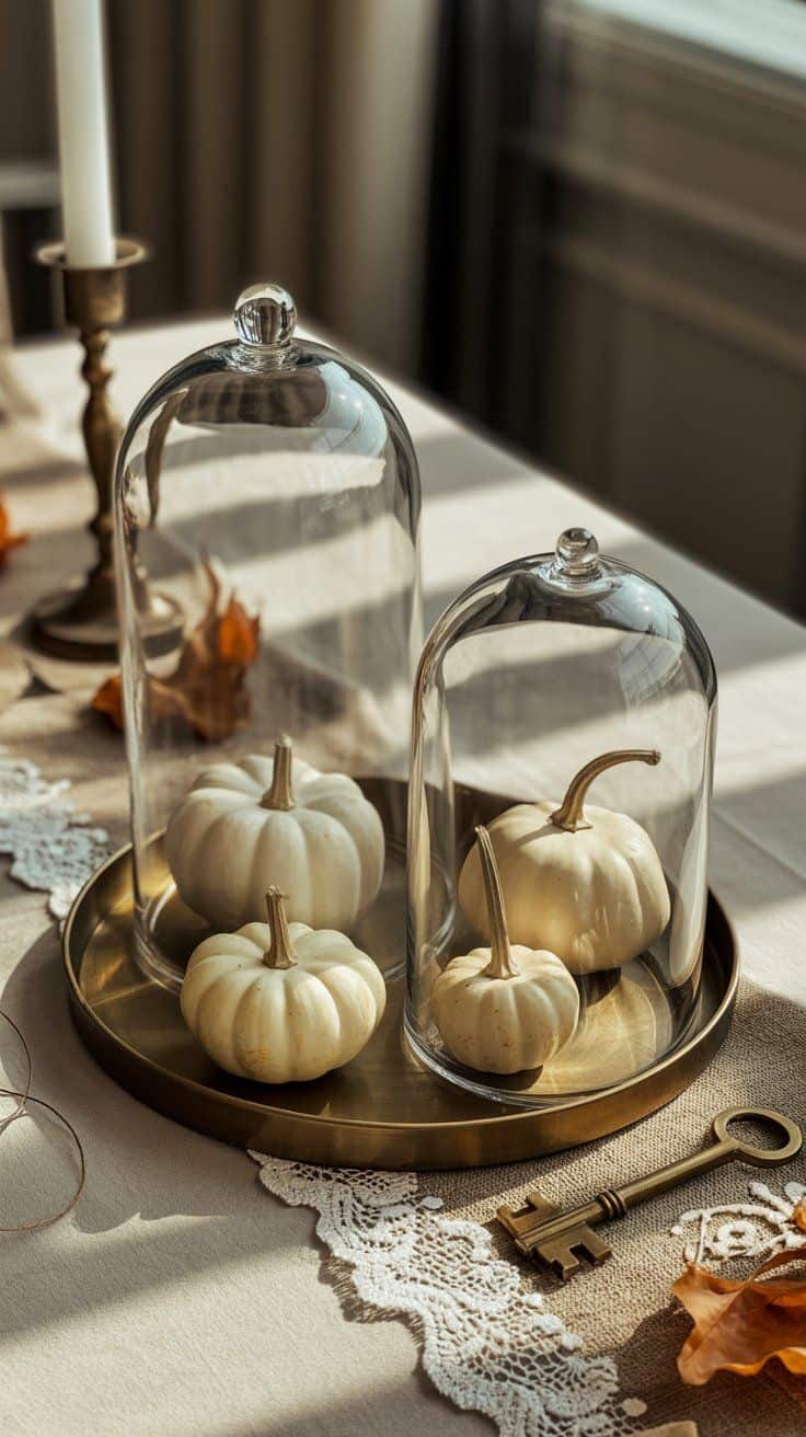 Elegant Halloween decor ideas to transform your space with black lace runners, gold-accented skulls, velvet pumpkins, antique candelabras, and more.
