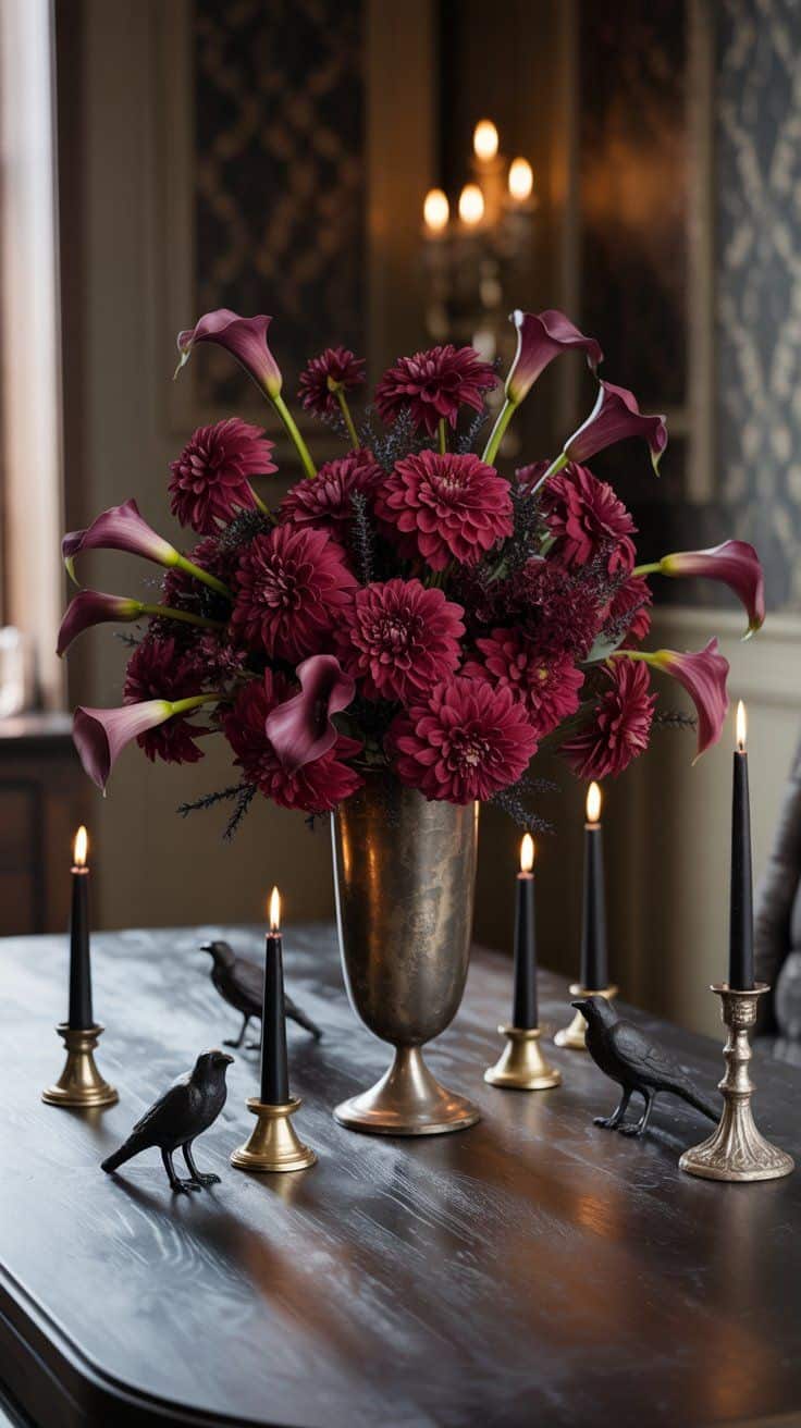 Elegant Halloween decor ideas to transform your space with black lace runners, gold-accented skulls, velvet pumpkins, antique candelabras, and more.