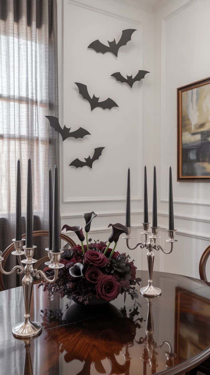 Elegant Halloween decor ideas to transform your space with black lace runners, gold-accented skulls, velvet pumpkins, antique candelabras, and more.