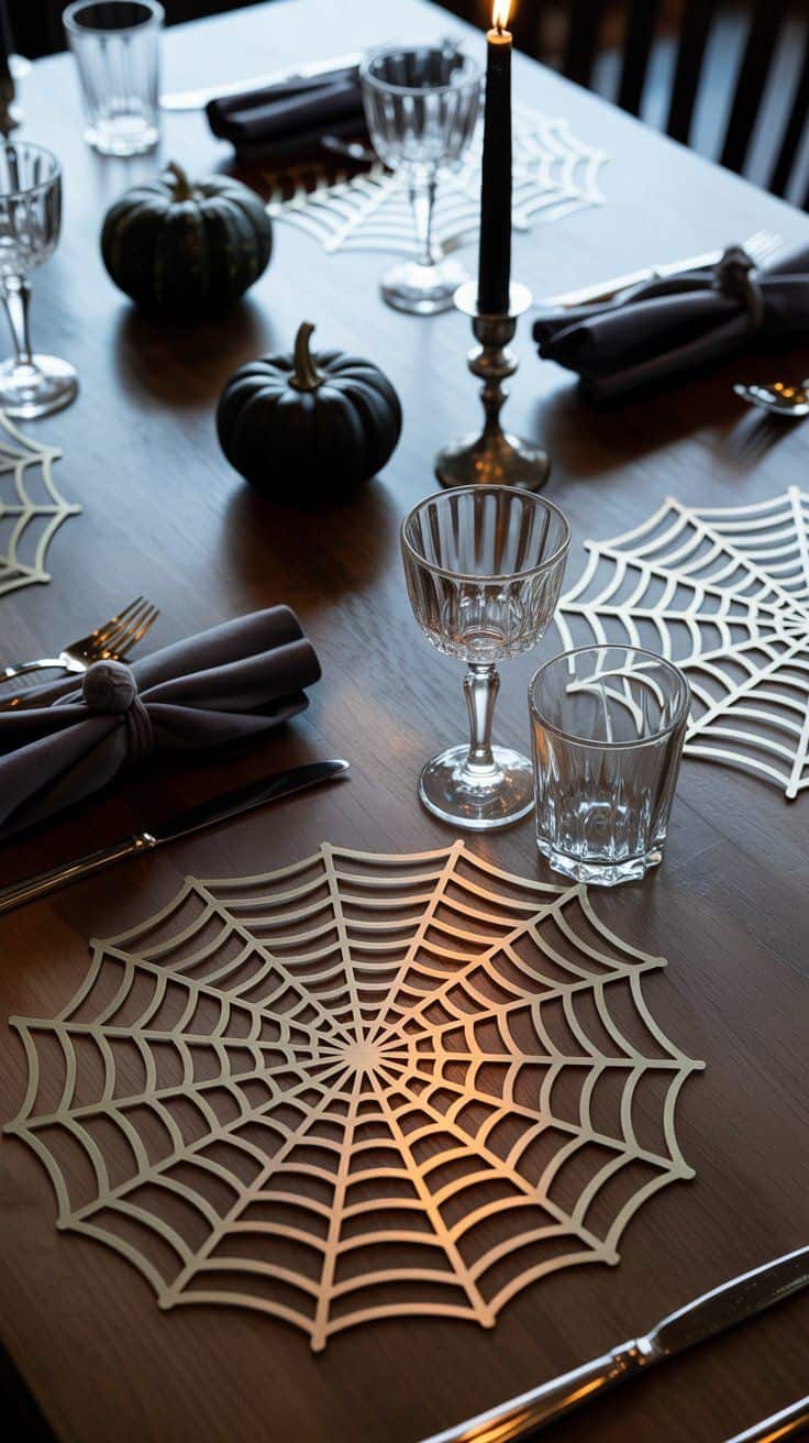 Elegant Halloween decor ideas to transform your space with black lace runners, gold-accented skulls, velvet pumpkins, antique candelabras, and more.