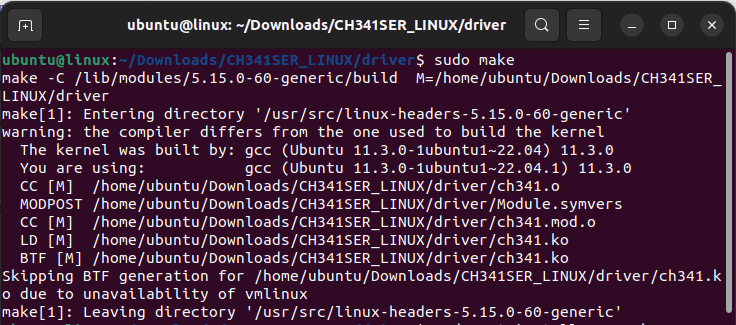 running make command on linux for ch340 driver