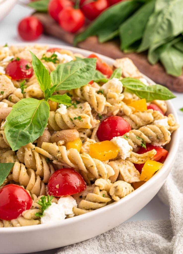 Front close up of High Protein Pasta Salad.