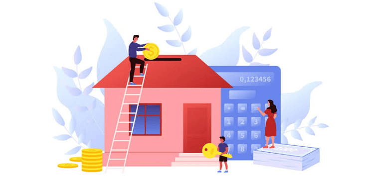 Illustration of home construction and financing, showing a house, people saving money, coins, a calculator, and a key representing housing costs and investment.
