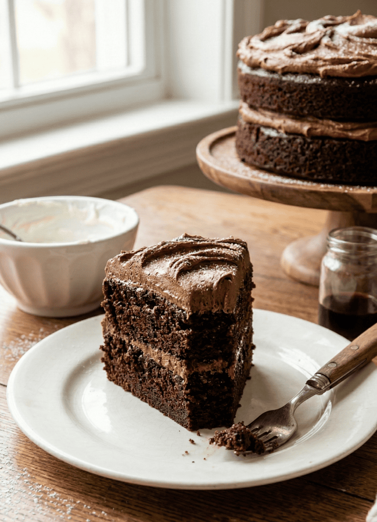 Close up of a piece of chocolate cake that was made with a box cake mix hack.