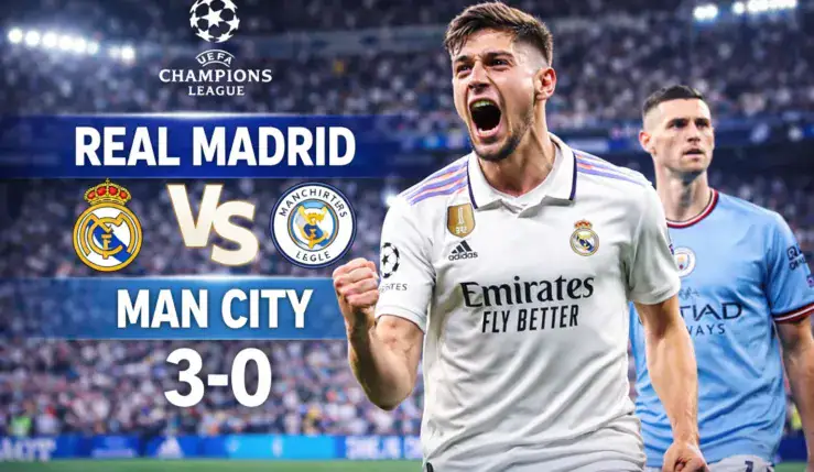 Alt= Real Madrid – Manchester City : Federico Valverde célèbre son triplé lors de la victoire 3-0 du Real Madrid en Ligue des champions au Santiago Bernabéu