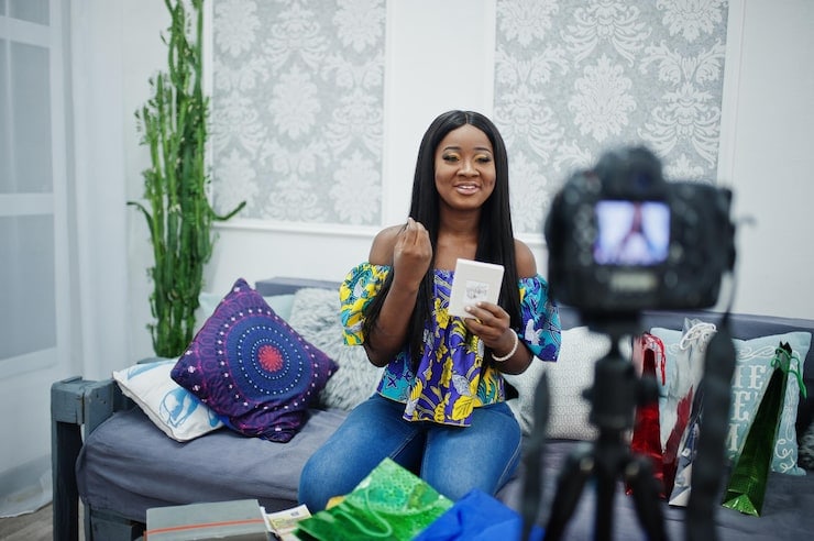 cute african american woman making video her blog using tripod mounted digital camera young female blogger vlogger camera 627829 5032