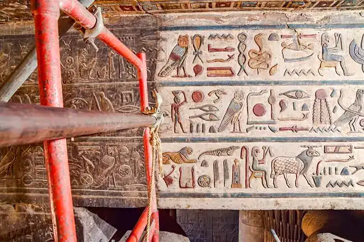 Temple of Esna restoration revealing the original colours beneath centuries of soot