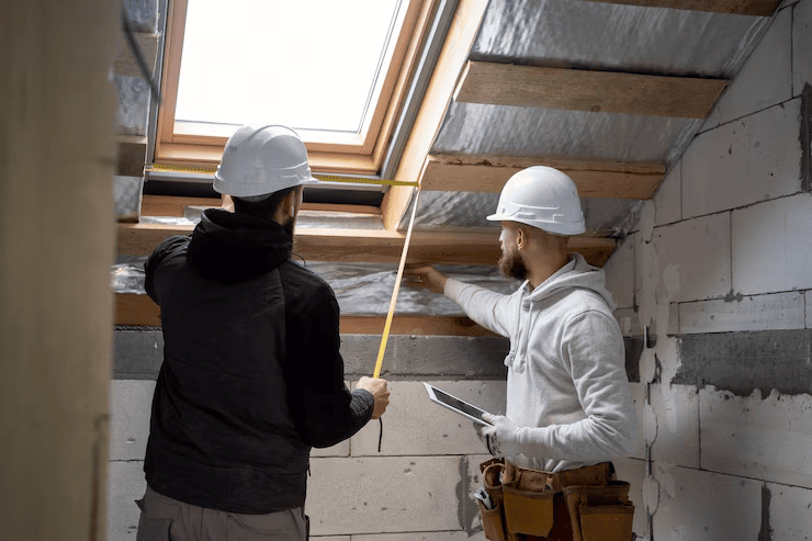 Professionals working on the roof repair of a residential building. To get an estimate, contact us today.