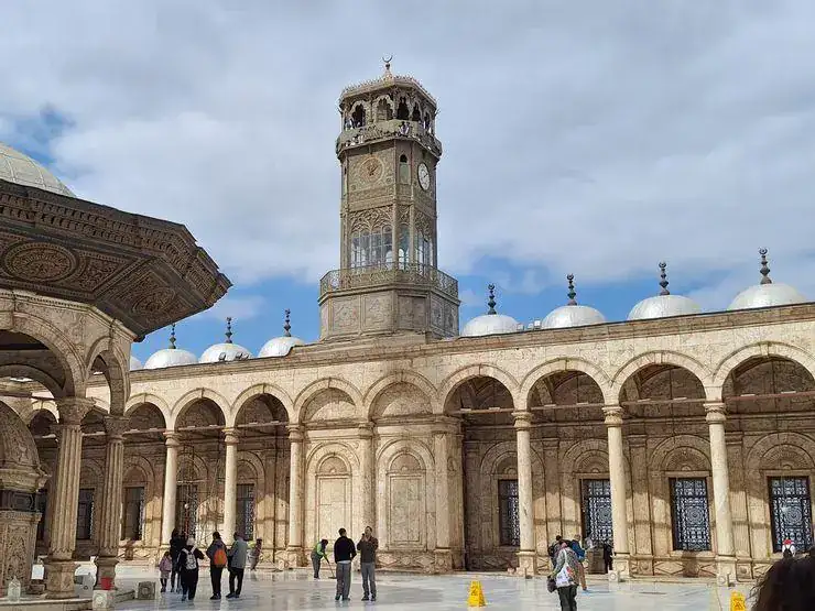 Courtyard arcades and clock tower inside the Cairo Citadel mosque