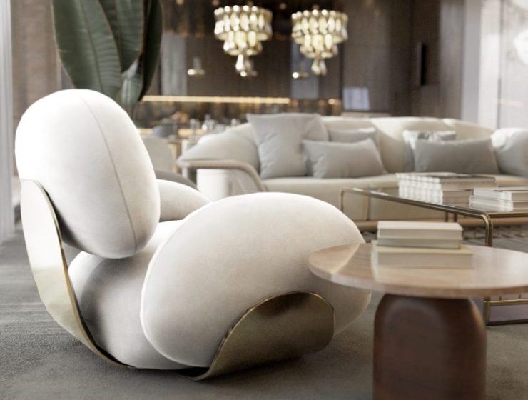 luxurious living room A Neutral And Luxurious Living Room With Karim Rashid’s Pieces House Tour Timelessly Modern Home In Chicago With Karim Rashids New Collection 3 740x560