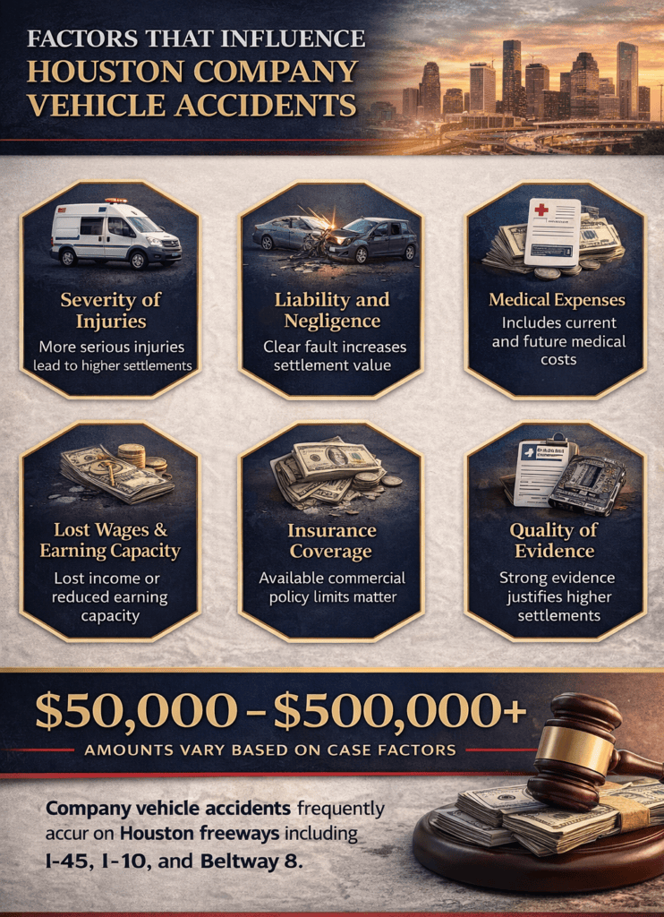 Infographic showing factors that influence Texas company vehicle accident settlement amounts