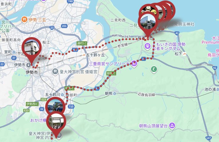 伊勢の旅、二見興玉神社の禊で心身を清める二日間のルートマップ