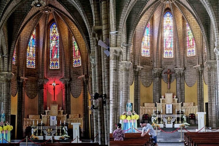 나트랑 대성당 내부에서 찍은 사진, 고요하고 신성한 분위기가 느껴지는 공간.