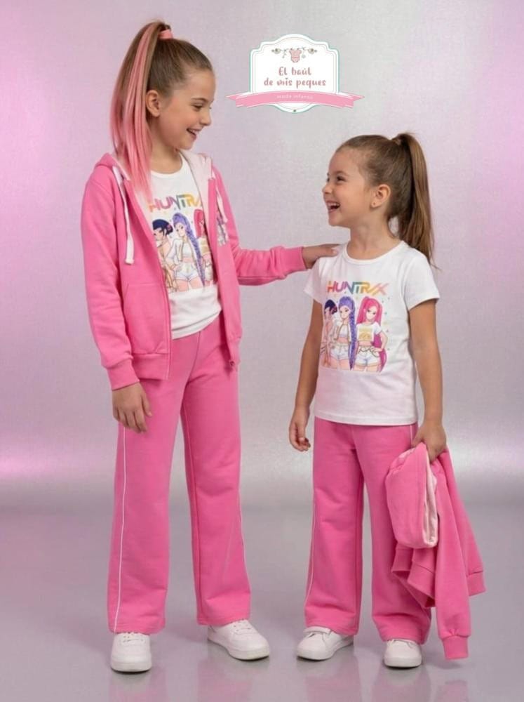 Chándal fino 3pzas KPOP rosa con detalles blancos