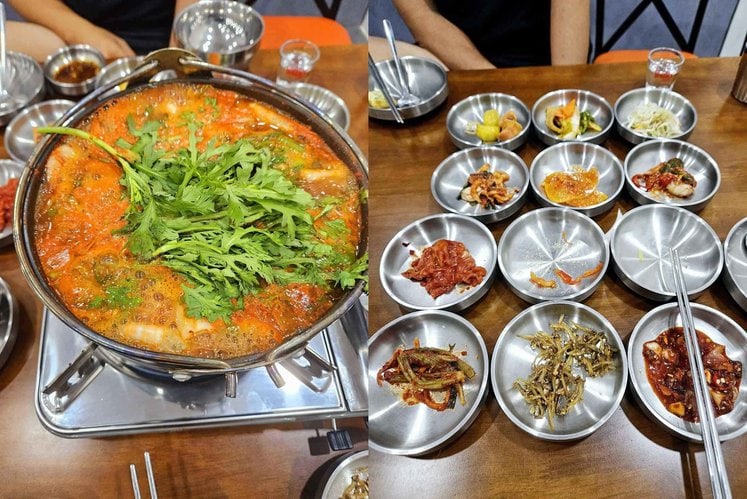 나트랑 한식당에서 제공되는 얼큰한 알탕 그리고 다양한 한식 반찬들