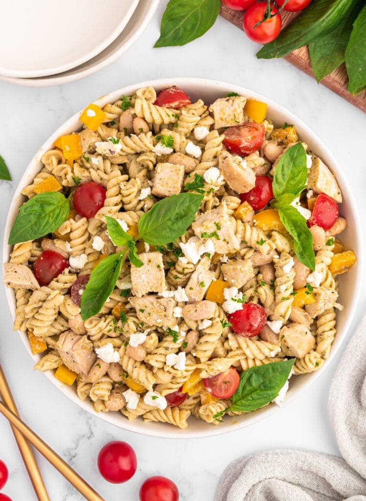 Overhead view of a bowl of High Protein Pasta Salad.