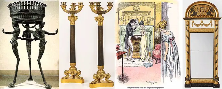Ljusstakar och spegel i empir samt en illustration ur en bok av Jane Austen.
