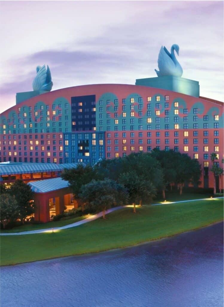 Elegant Swan and Dolphin Resorts with iconic swan sculptures, perfect for luxurious Orlando vacation.