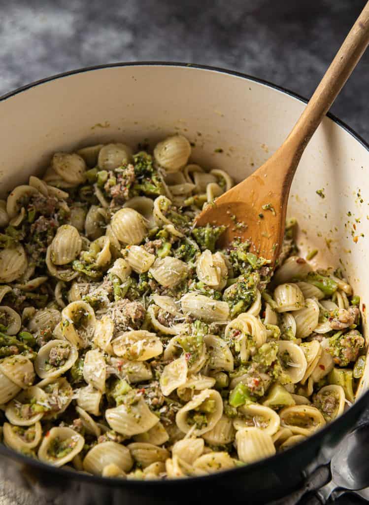 orechiette with broccoli in a dutch oven