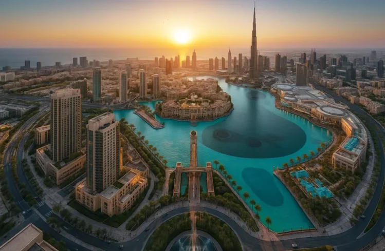 Dubai skyline at sunset with water