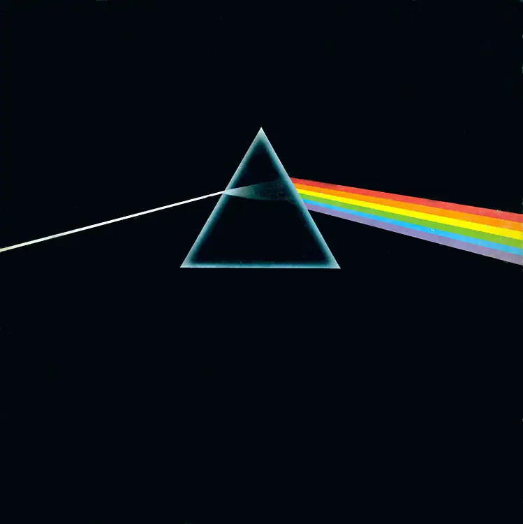 The Dark Side of the Moon cover with prism and rainbow beam