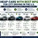 Cheap cars with best MPG for city driving in the U.S. including Toyota Corolla Hybrid, Hyundai Elantra Hybrid, Kia Niro Hybrid, Honda Civic, Nissan Versa, Mitsubishi Mirage, and Toyota Prius