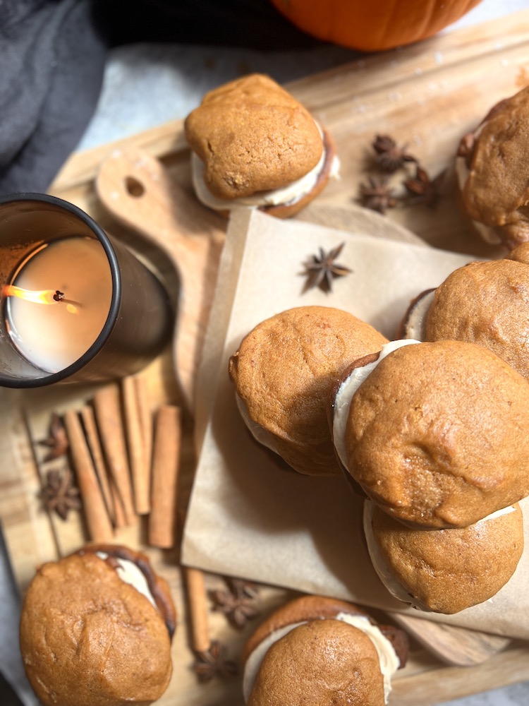 Pumpkin Whoopies WEB Pumpkin Spice Whoopie Pies with Espresso Cream laid out